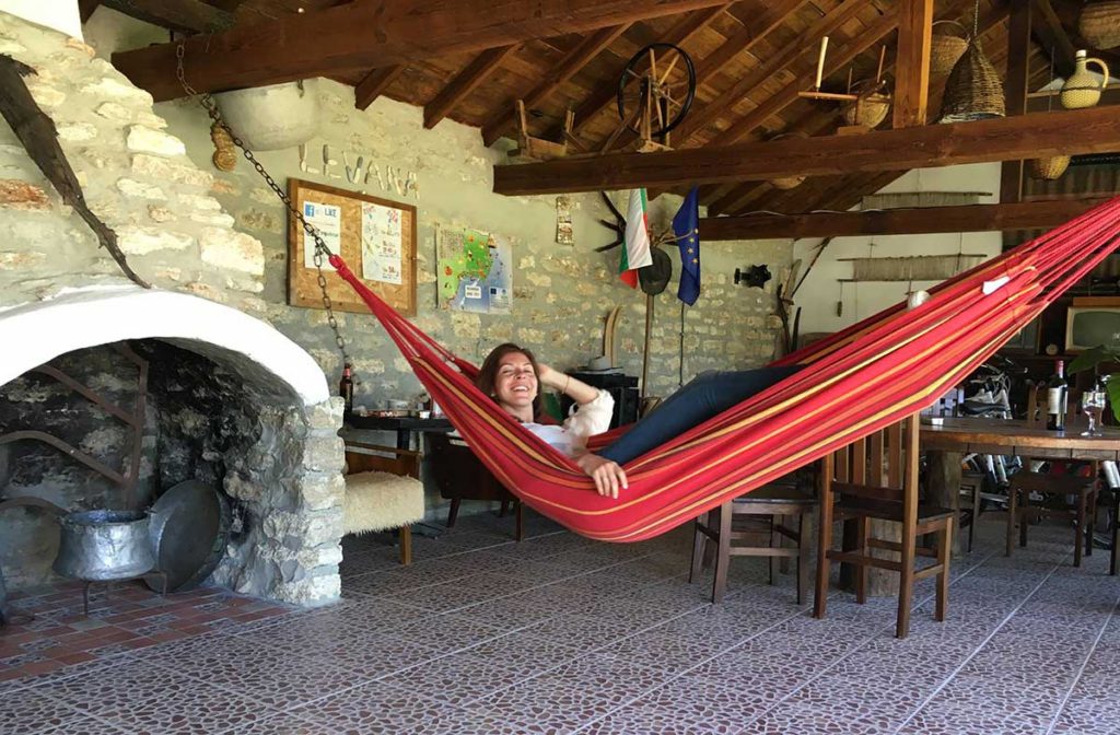 Julia enjoying the hammocks in Levana Guest House