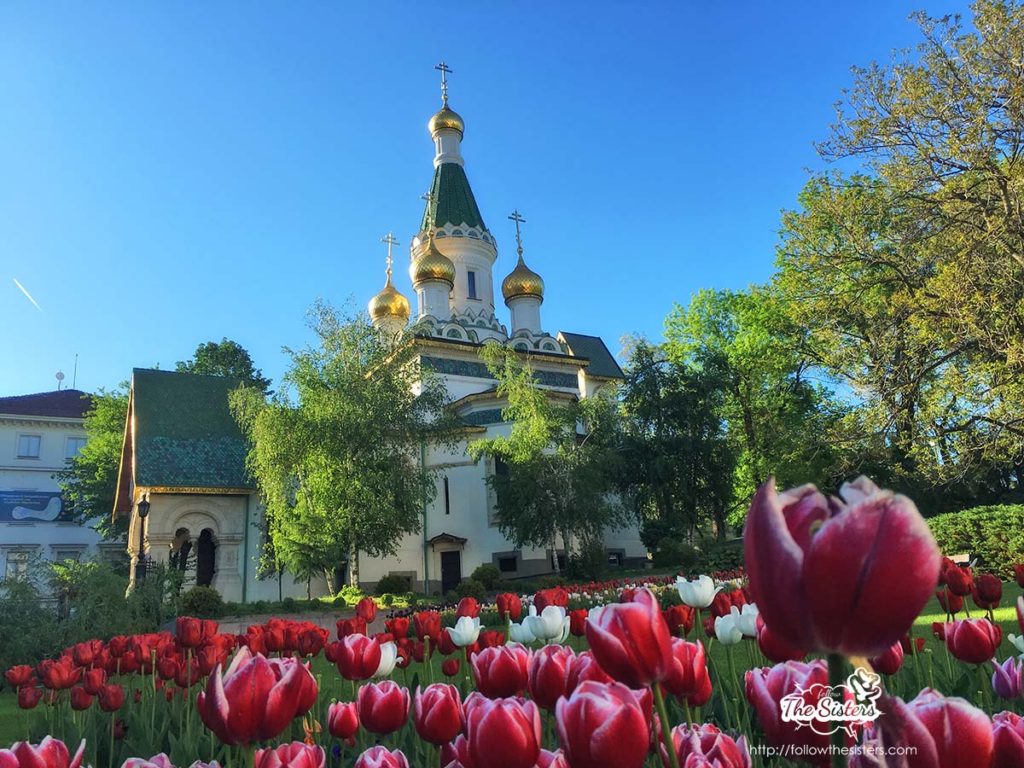 Tulips in front of the Russian church in Sofia
